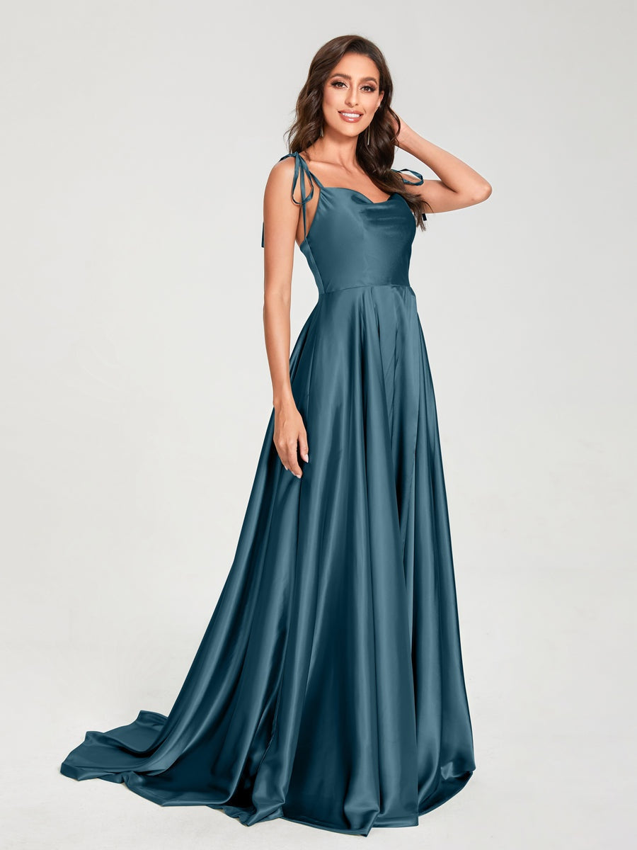 Spaghetti Strap Sleeveless A-Line Princess Floor-Length Bridesmaid Dress with Side Split