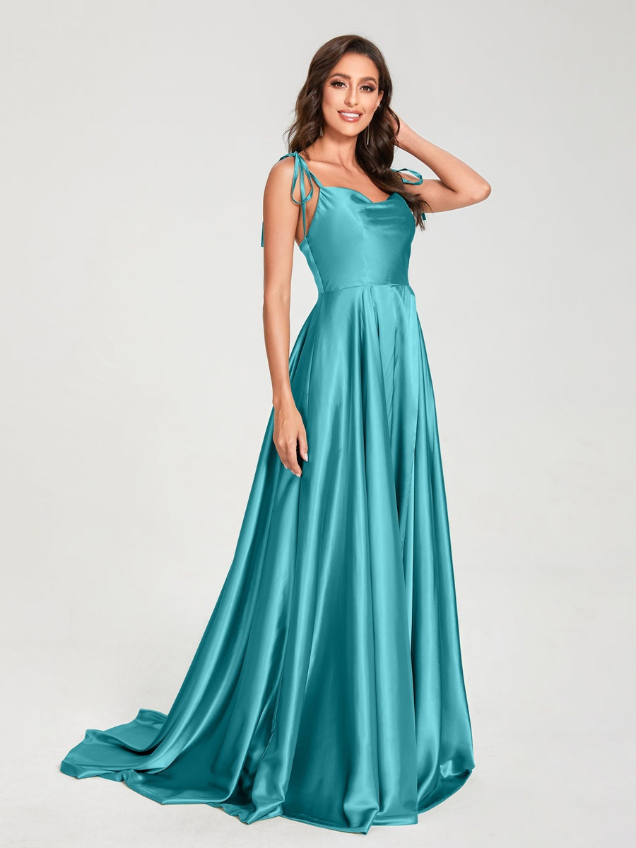 Spaghetti Strap Sleeveless A-Line Princess Floor-Length Bridesmaid Dress with Side Split