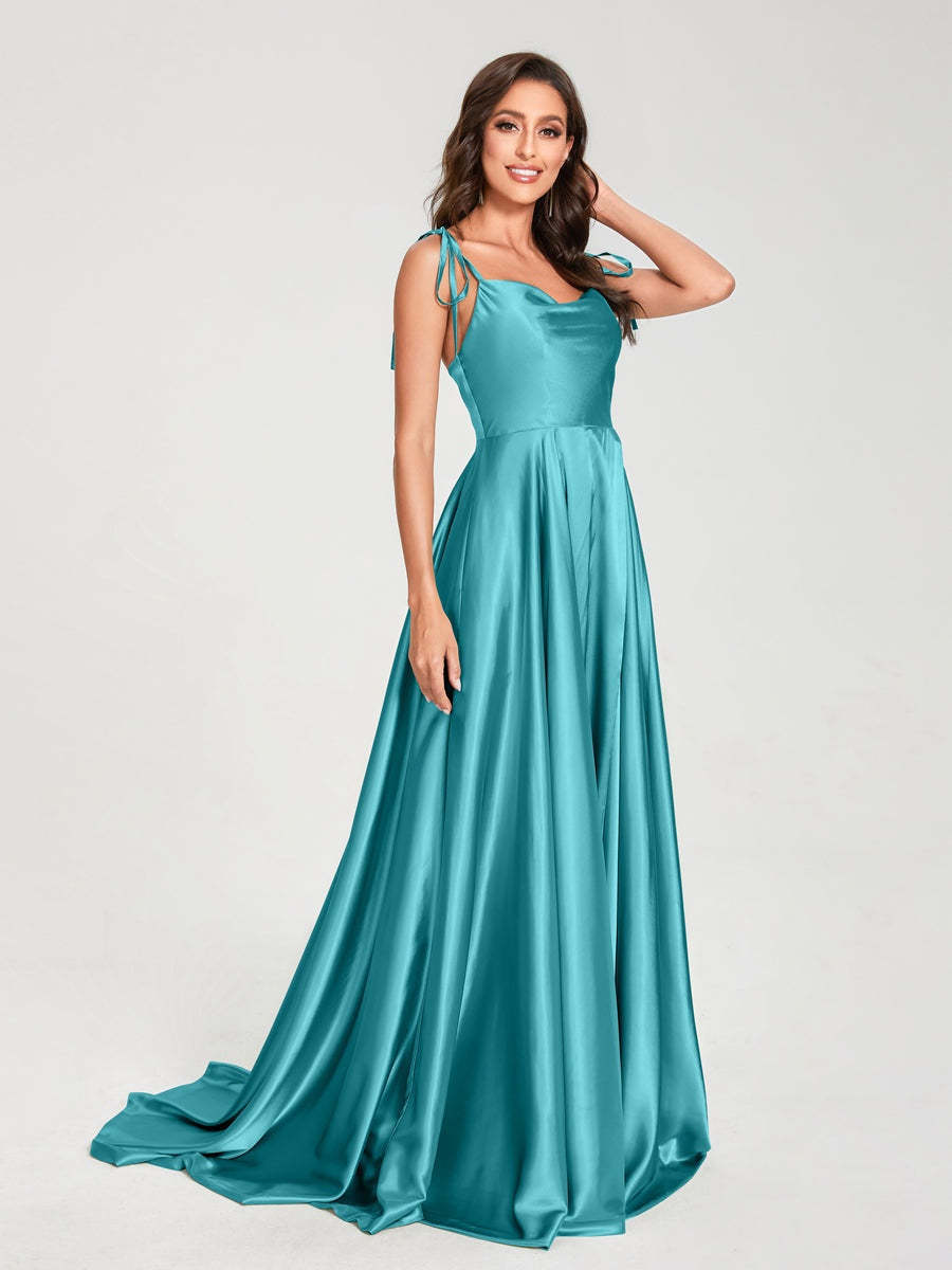 Spaghetti Strap Sleeveless A-Line Princess Floor-Length Bridesmaid Dress with Side Split