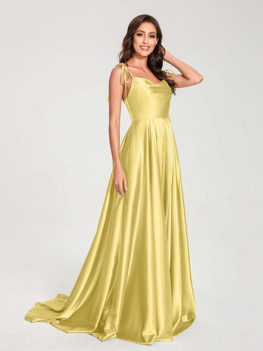 Spaghetti Strap Sleeveless A-Line Princess Floor-Length Bridesmaid Dress with Side Split