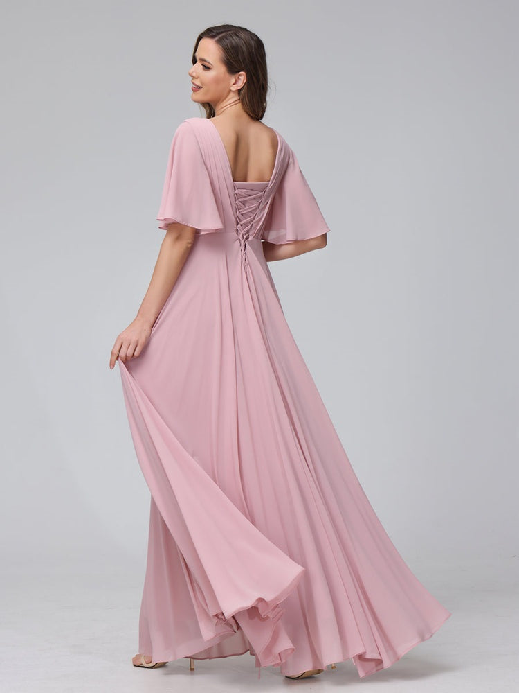 Princess A-Line Floor-Length V-Neck Bridesmaid Dresses With Half Sleeves, Ruffles & Pockets