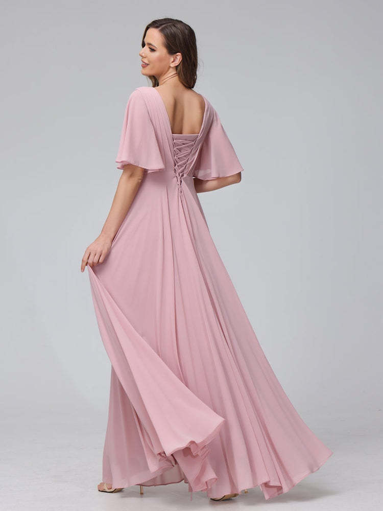 Princess A-Line Floor-Length V-Neck Bridesmaid Dresses With Half Sleeves, Ruffles & Pockets