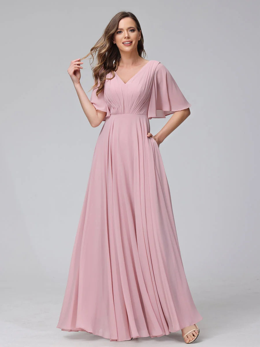 Princess A-Line Floor-Length V-Neck Bridesmaid Dresses With Half Sleeves, Ruffles & Pockets
