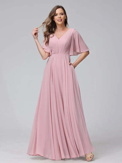 Princess A-Line Floor-Length V-Neck Bridesmaid Dresses With Half Sleeves, Ruffles & Pockets