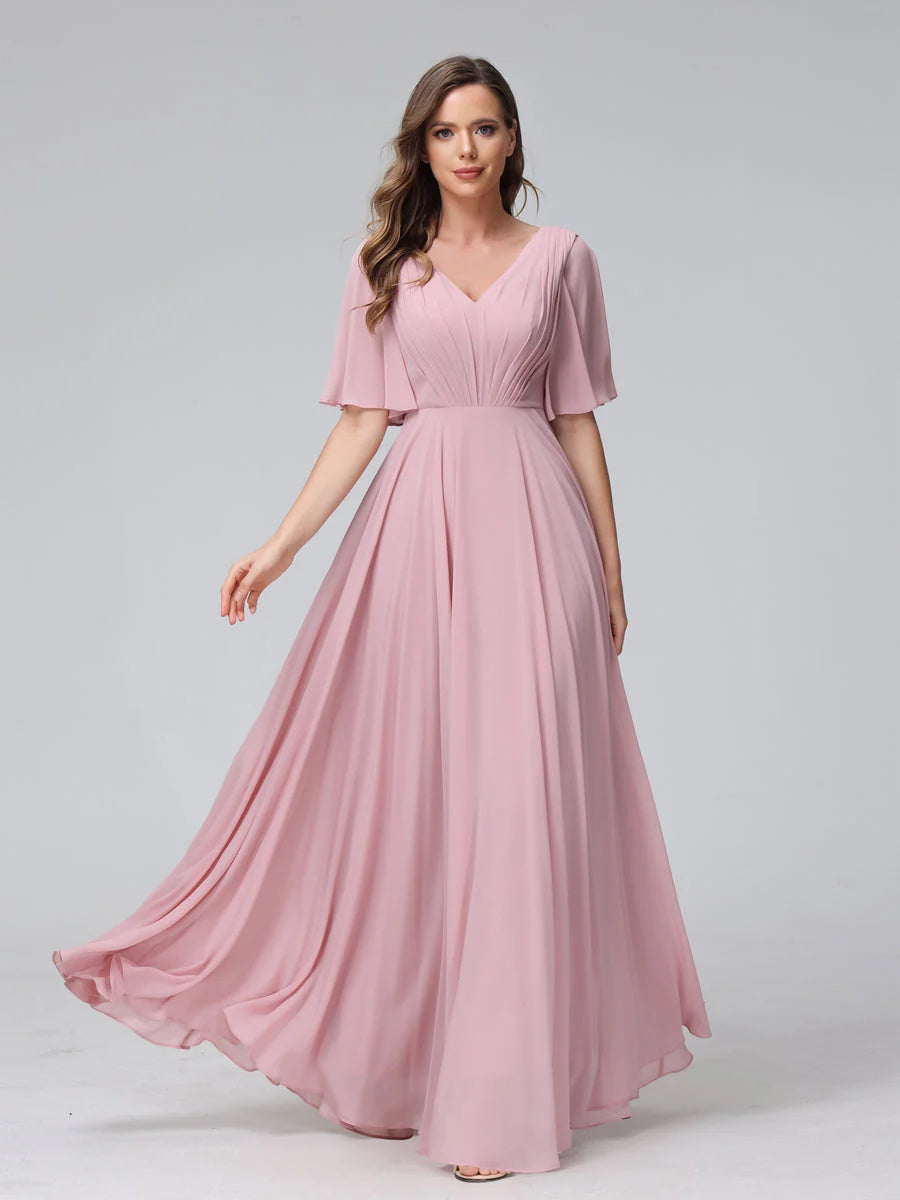 Princess A-Line Floor-Length V-Neck Bridesmaid Dresses With Half Sleeves, Ruffles & Pockets