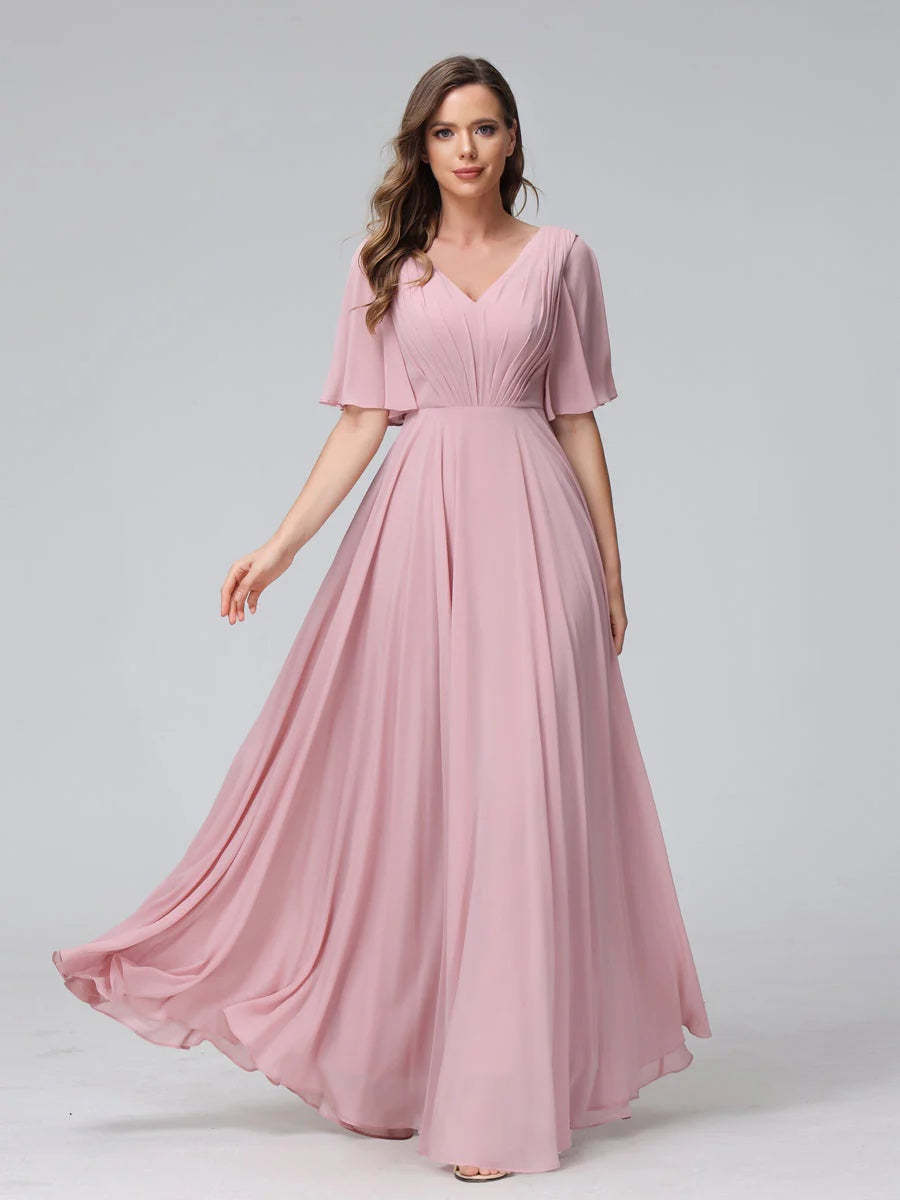 Princess A-Line Floor-Length V-Neck Bridesmaid Dresses With Half Sleeves, Ruffles & Pockets