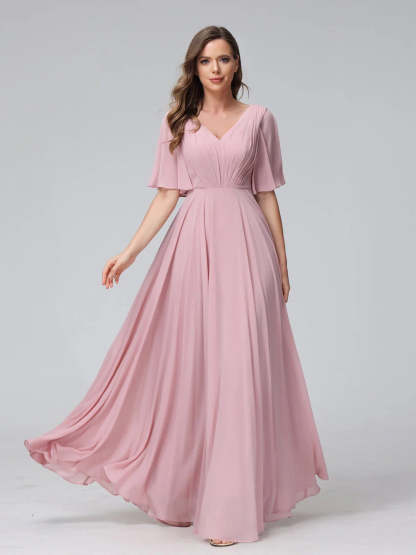 Princess A-Line Floor-Length V-Neck Bridesmaid Dresses With Half Sleeves, Ruffles & Pockets