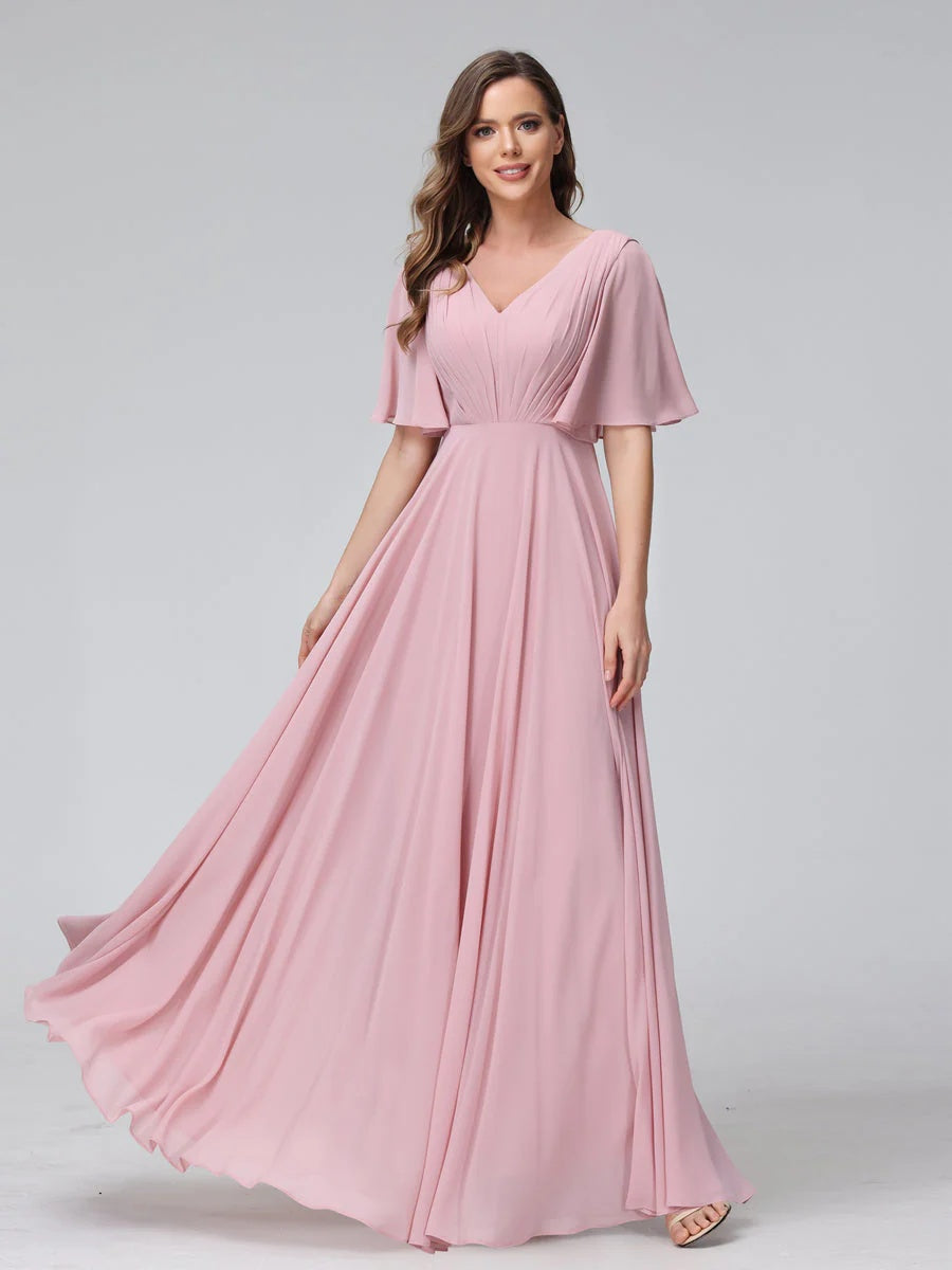 Princess A-Line Floor-Length V-Neck Bridesmaid Dresses With Half Sleeves, Ruffles & Pockets