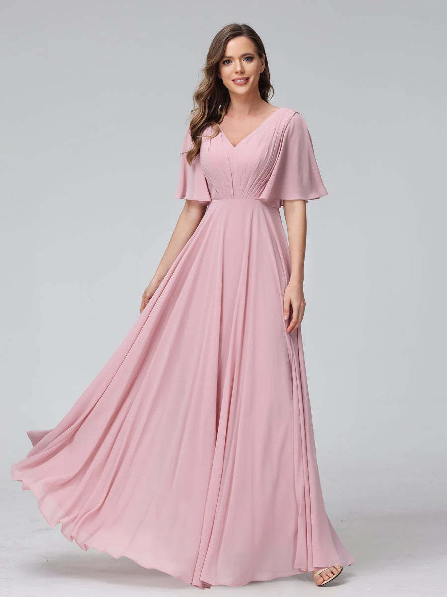 Princess A-Line Floor-Length V-Neck Bridesmaid Dresses With Half Sleeves, Ruffles & Pockets