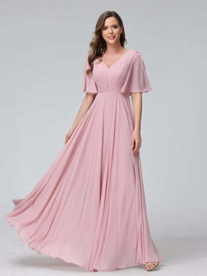 Princess A-Line Floor-Length V-Neck Bridesmaid Dresses With Half Sleeves, Ruffles & Pockets