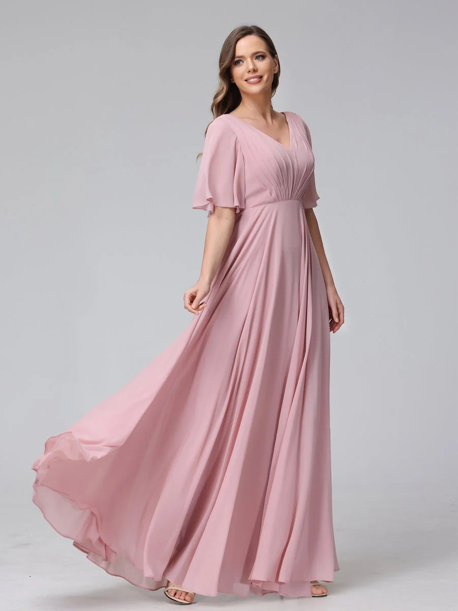 Princess A-Line Floor-Length V-Neck Bridesmaid Dresses With Half Sleeves, Ruffles & Pockets