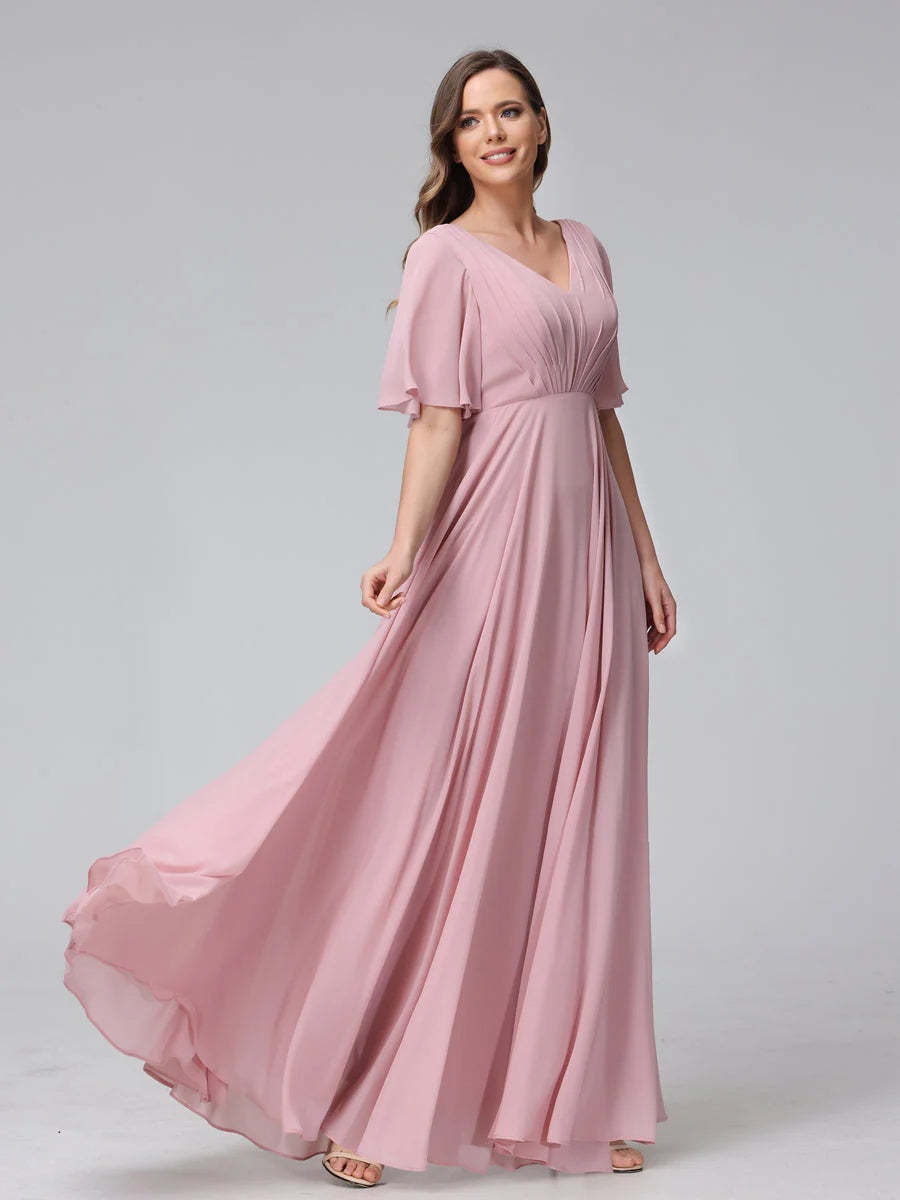 Princess A-Line Floor-Length V-Neck Bridesmaid Dresses With Half Sleeves, Ruffles & Pockets