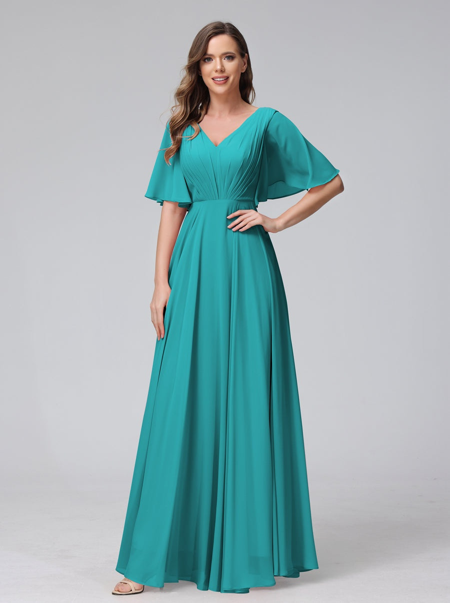 Princess A-Line Floor-Length V-Neck Bridesmaid Dresses With Half Sleeves, Ruffles & Pockets