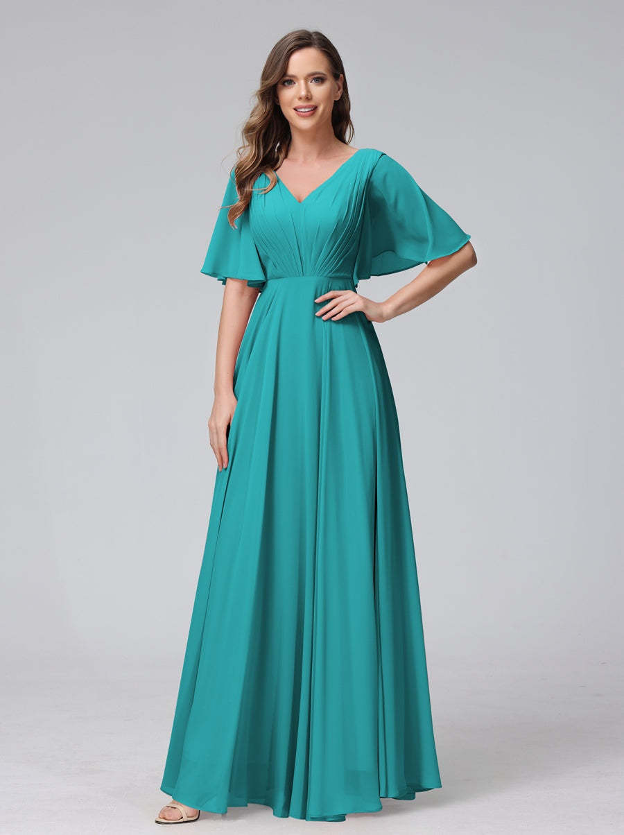 Princess A-Line Floor-Length V-Neck Bridesmaid Dresses With Half Sleeves, Ruffles & Pockets