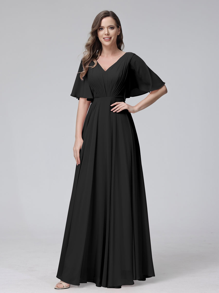 Princess A-Line Floor-Length V-Neck Bridesmaid Dresses With Half Sleeves, Ruffles & Pockets