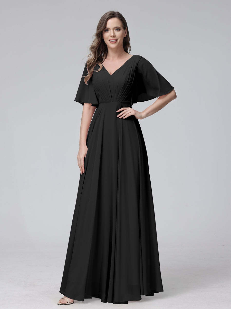 Princess A-Line Floor-Length V-Neck Bridesmaid Dresses With Half Sleeves, Ruffles & Pockets