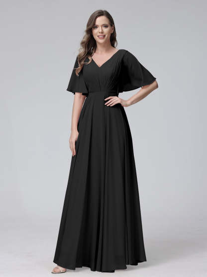 Princess A-Line Floor-Length V-Neck Bridesmaid Dresses With Half Sleeves, Ruffles & Pockets