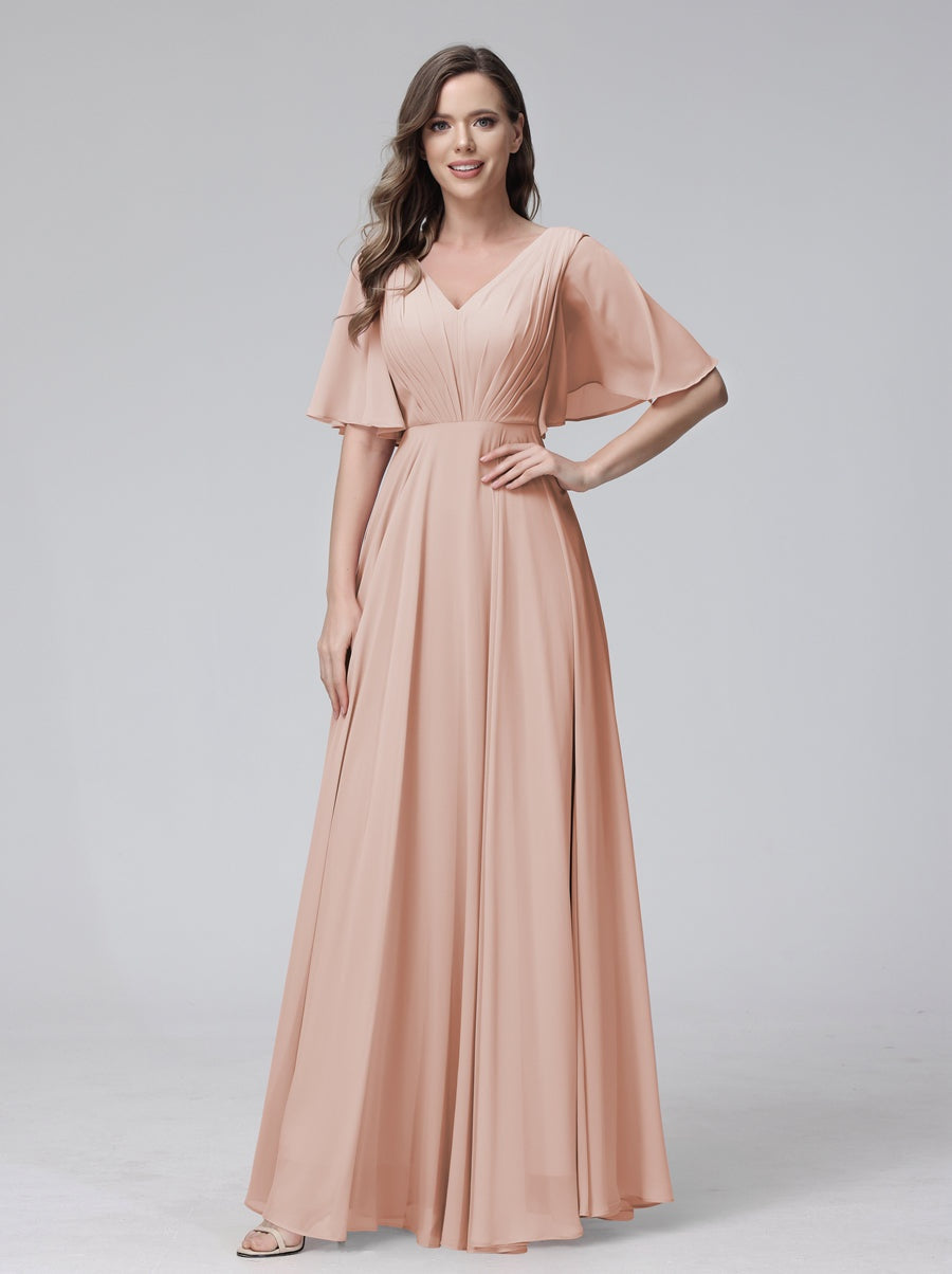 Princess A-Line Floor-Length V-Neck Bridesmaid Dresses With Half Sleeves, Ruffles & Pockets