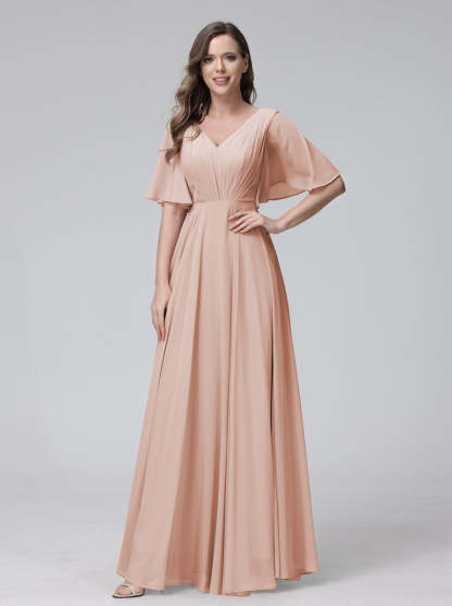 Princess A-Line Floor-Length V-Neck Bridesmaid Dresses With Half Sleeves, Ruffles & Pockets