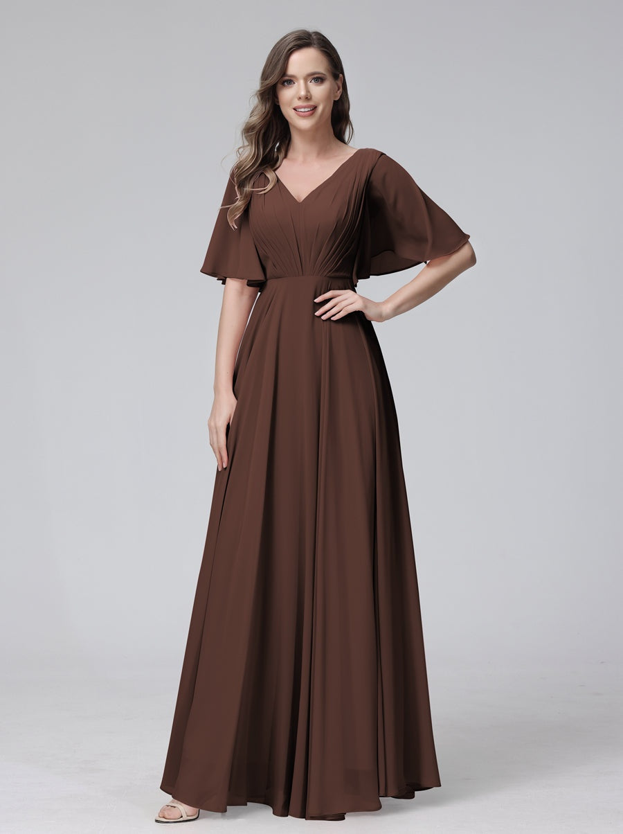 Princess A-Line Floor-Length V-Neck Bridesmaid Dresses With Half Sleeves, Ruffles & Pockets