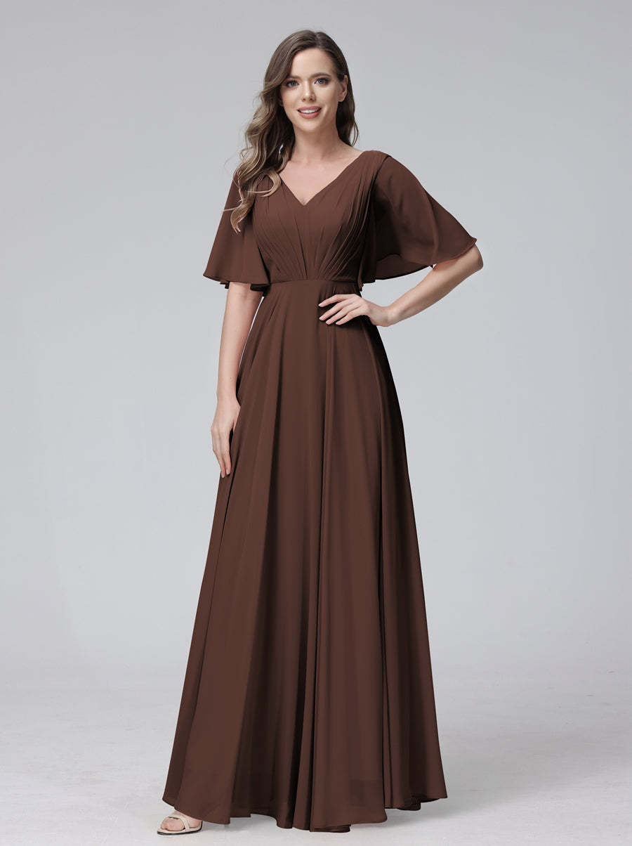 Princess A-Line Floor-Length V-Neck Bridesmaid Dresses With Half Sleeves, Ruffles & Pockets