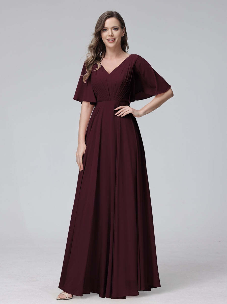 Princess A-Line Floor-Length V-Neck Bridesmaid Dresses With Half Sleeves, Ruffles & Pockets