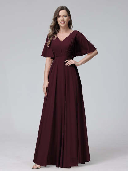 Princess A-Line Floor-Length V-Neck Bridesmaid Dresses With Half Sleeves, Ruffles & Pockets