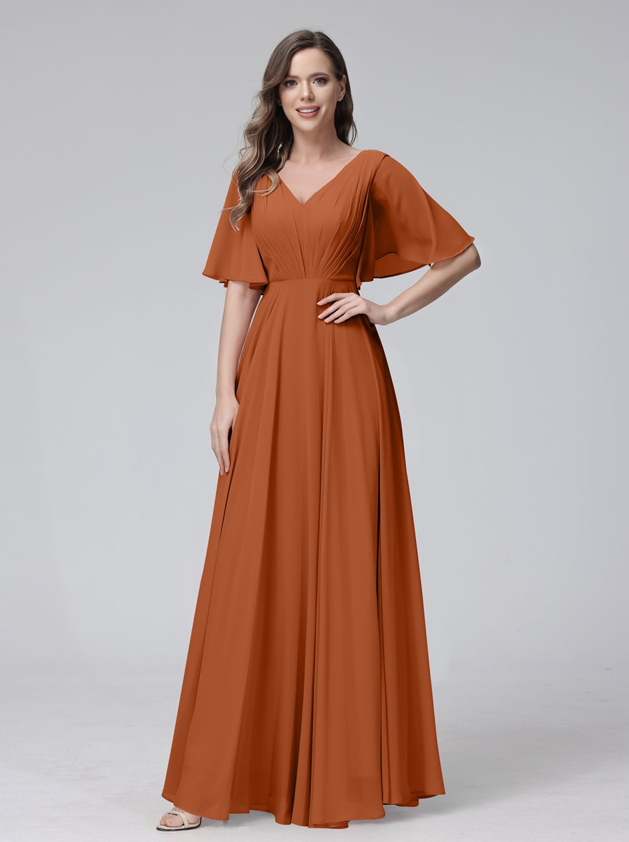 Princess A-Line Floor-Length V-Neck Bridesmaid Dresses With Half Sleeves, Ruffles & Pockets