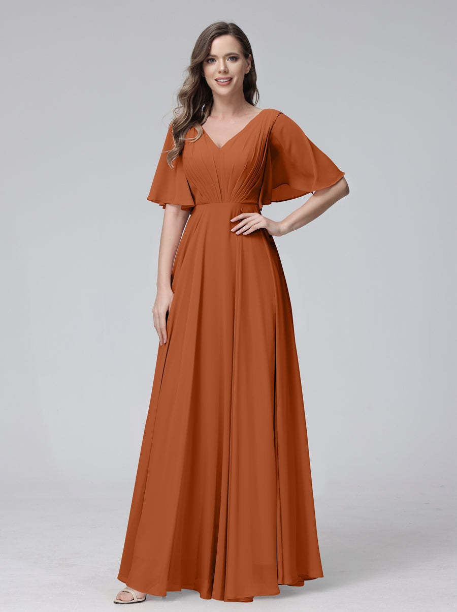 Princess A-Line Floor-Length V-Neck Bridesmaid Dresses With Half Sleeves, Ruffles & Pockets