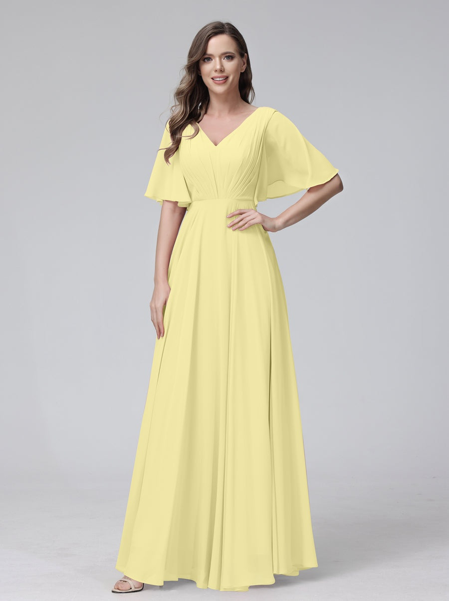 Princess A-Line Floor-Length V-Neck Bridesmaid Dresses With Half Sleeves, Ruffles & Pockets
