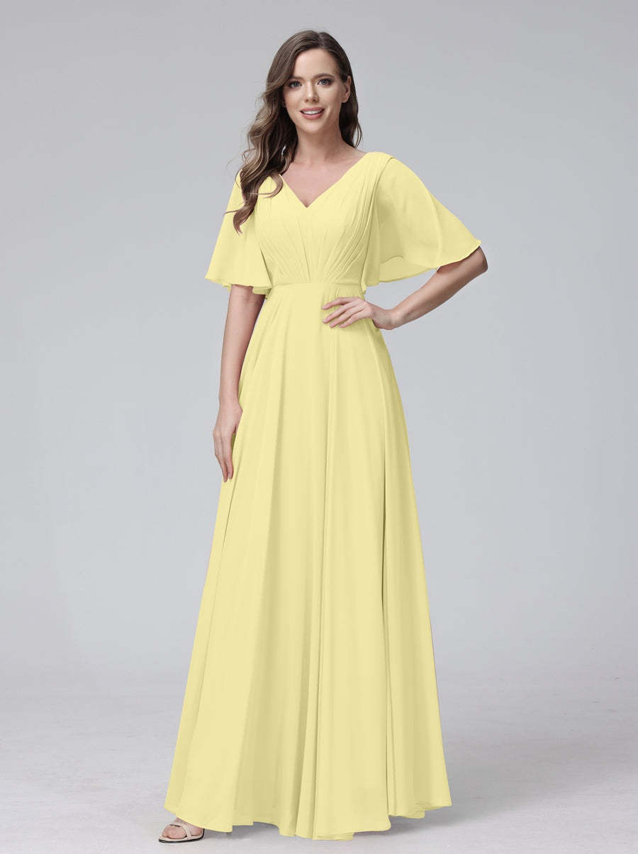 Princess A-Line Floor-Length V-Neck Bridesmaid Dresses With Half Sleeves, Ruffles & Pockets