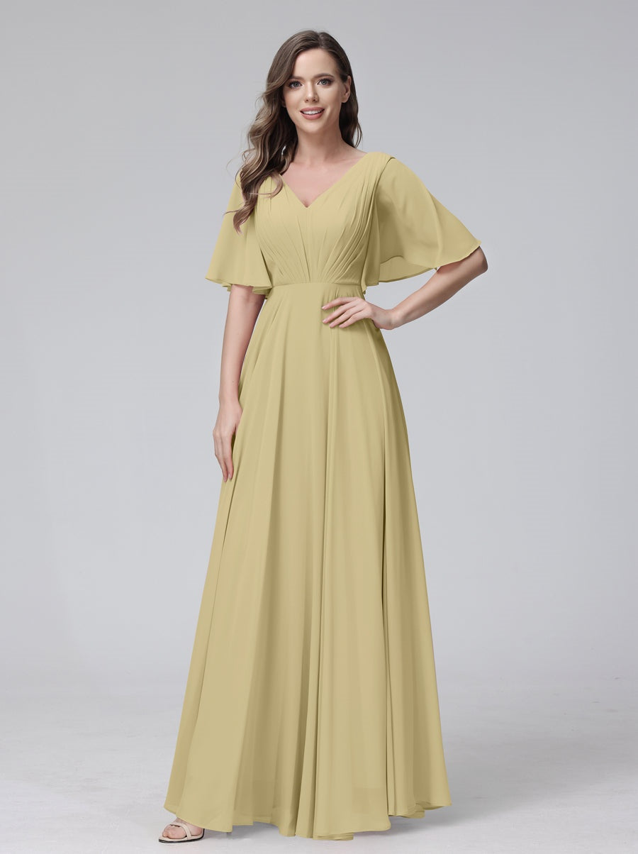 Princess A-Line Floor-Length V-Neck Bridesmaid Dresses With Half Sleeves, Ruffles & Pockets