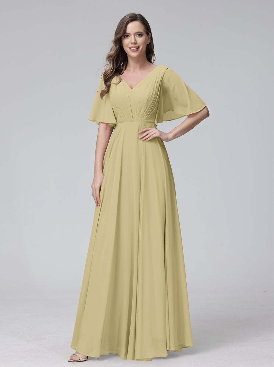 Princess A-Line Floor-Length V-Neck Bridesmaid Dresses With Half Sleeves, Ruffles & Pockets