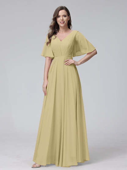 Princess A-Line Floor-Length V-Neck Bridesmaid Dresses With Half Sleeves, Ruffles & Pockets