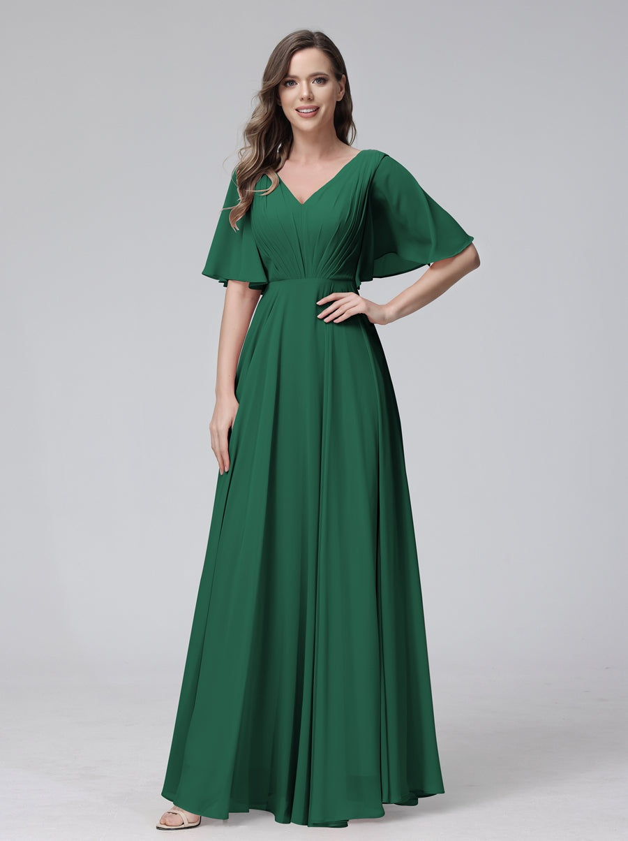 Princess A-Line Floor-Length V-Neck Bridesmaid Dresses With Half Sleeves, Ruffles & Pockets