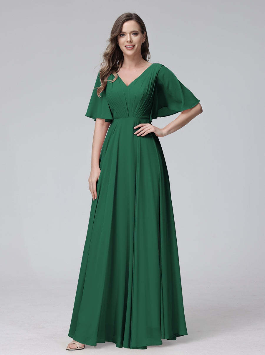 Princess A-Line Floor-Length V-Neck Bridesmaid Dresses With Half Sleeves, Ruffles & Pockets