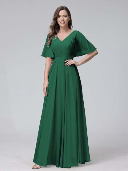 Princess A-Line Floor-Length V-Neck Bridesmaid Dresses With Half Sleeves, Ruffles & Pockets