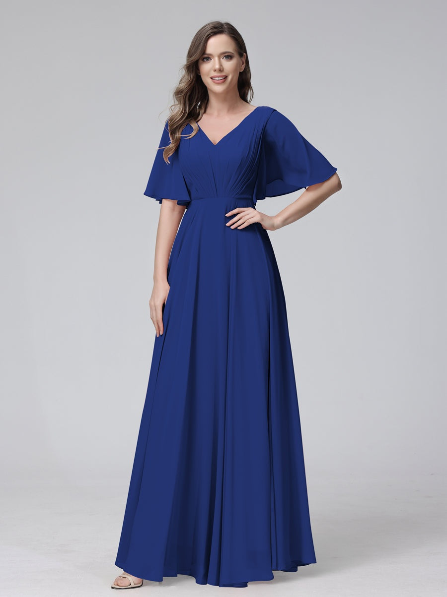 Princess A-Line Floor-Length V-Neck Bridesmaid Dresses With Half Sleeves, Ruffles & Pockets