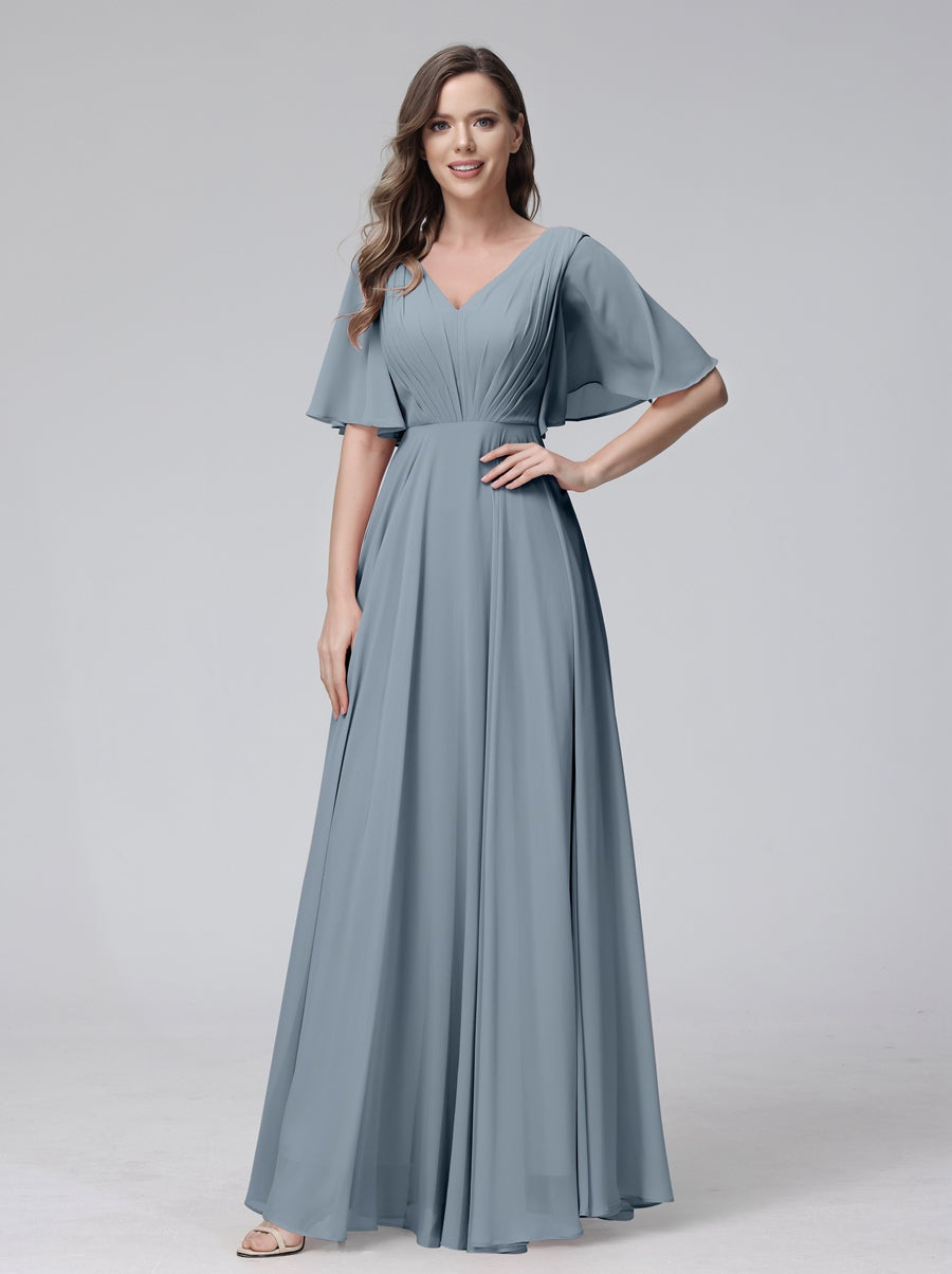 Princess A-Line Floor-Length V-Neck Bridesmaid Dresses With Half Sleeves, Ruffles & Pockets