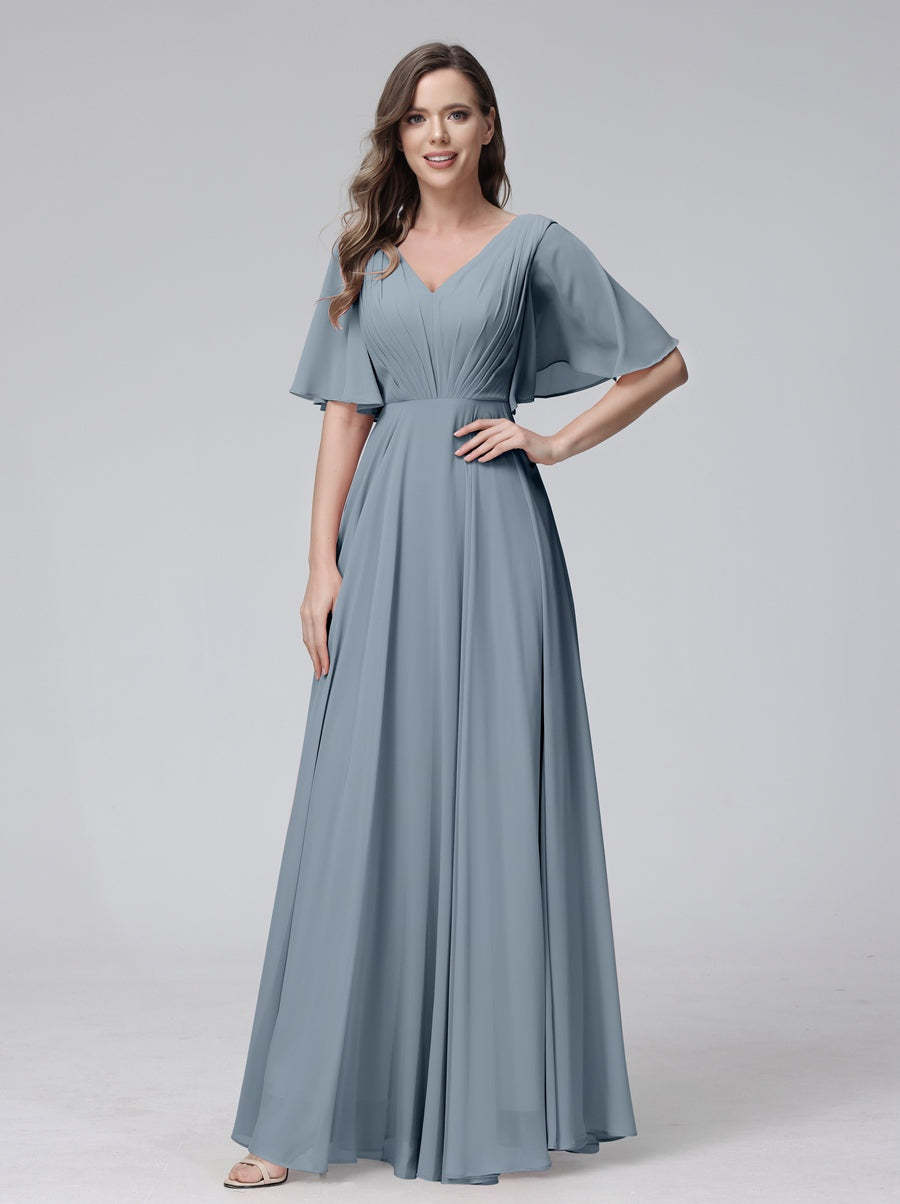 Princess A-Line Floor-Length V-Neck Bridesmaid Dresses With Half Sleeves, Ruffles & Pockets