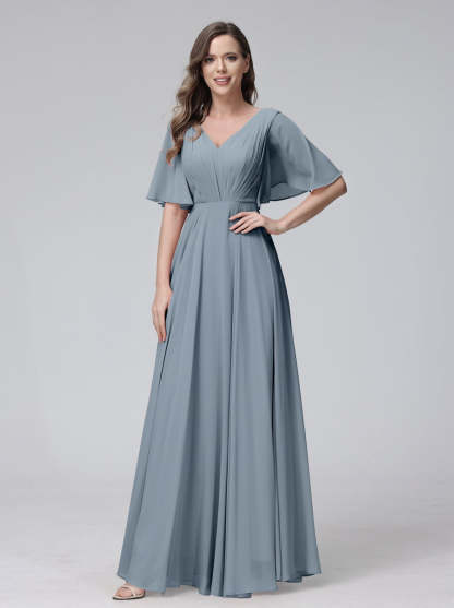 Princess A-Line Floor-Length V-Neck Bridesmaid Dresses With Half Sleeves, Ruffles & Pockets