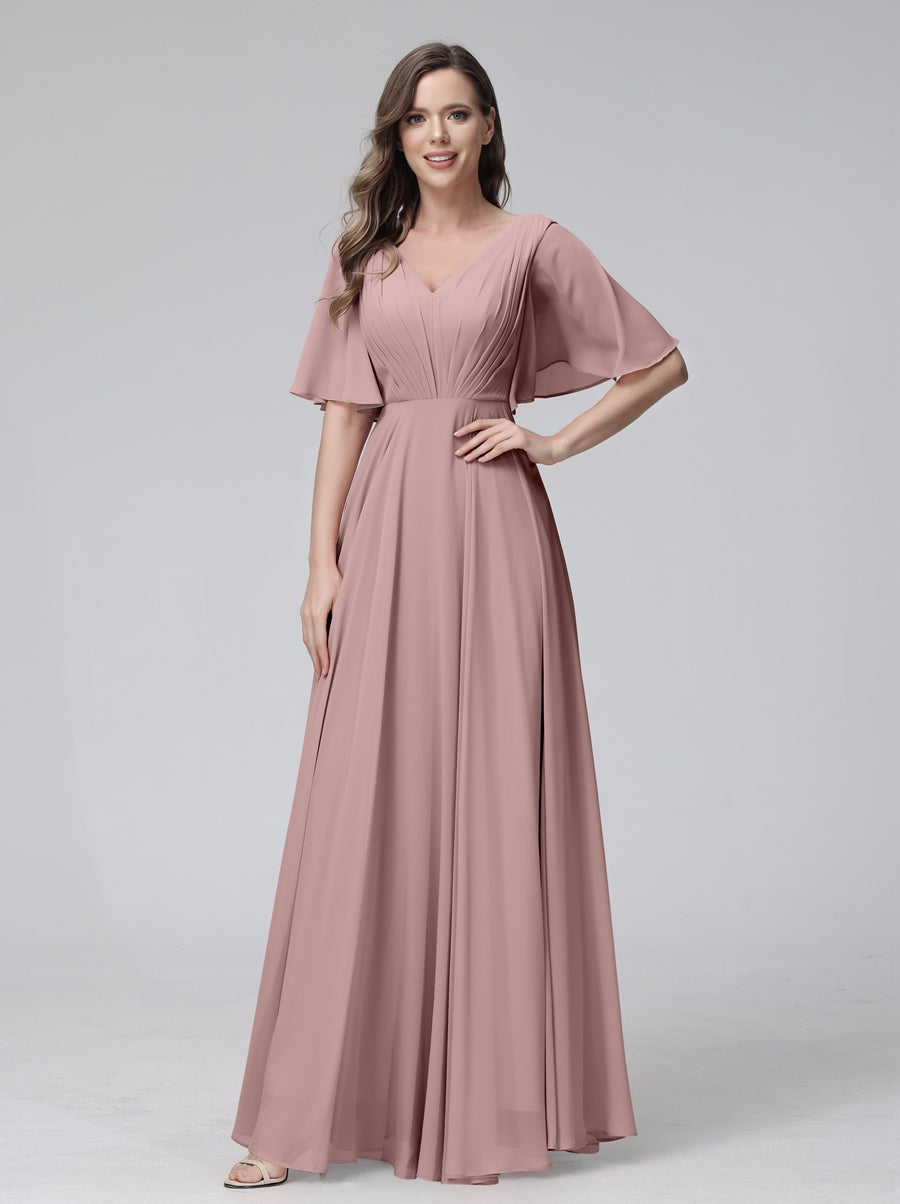 Princess A-Line Floor-Length V-Neck Bridesmaid Dresses With Half Sleeves, Ruffles & Pockets