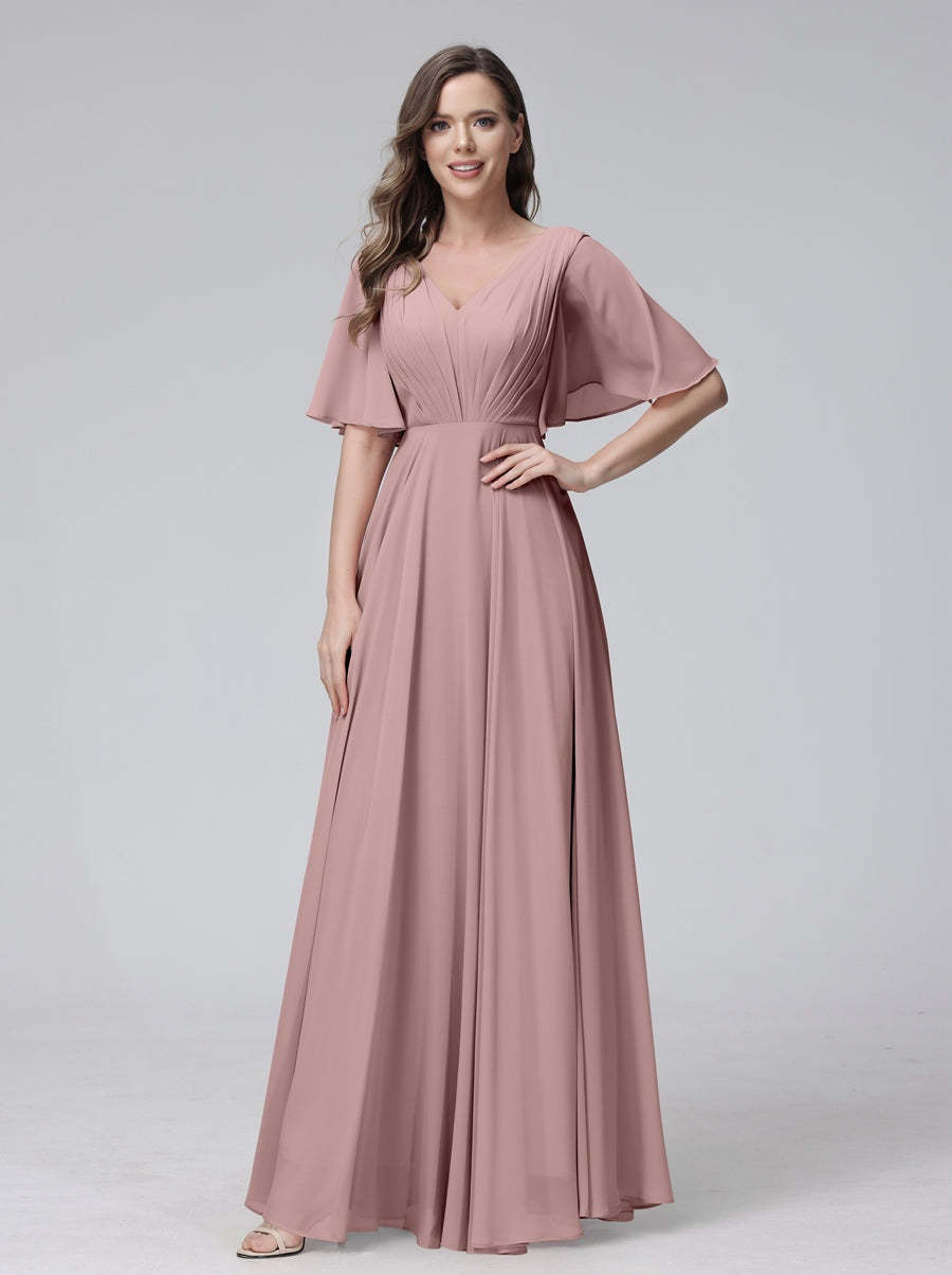 Princess A-Line Floor-Length V-Neck Bridesmaid Dresses With Half Sleeves, Ruffles & Pockets