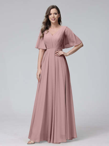 Princess A-Line Floor-Length V-Neck Bridesmaid Dresses With Half Sleeves, Ruffles & Pockets