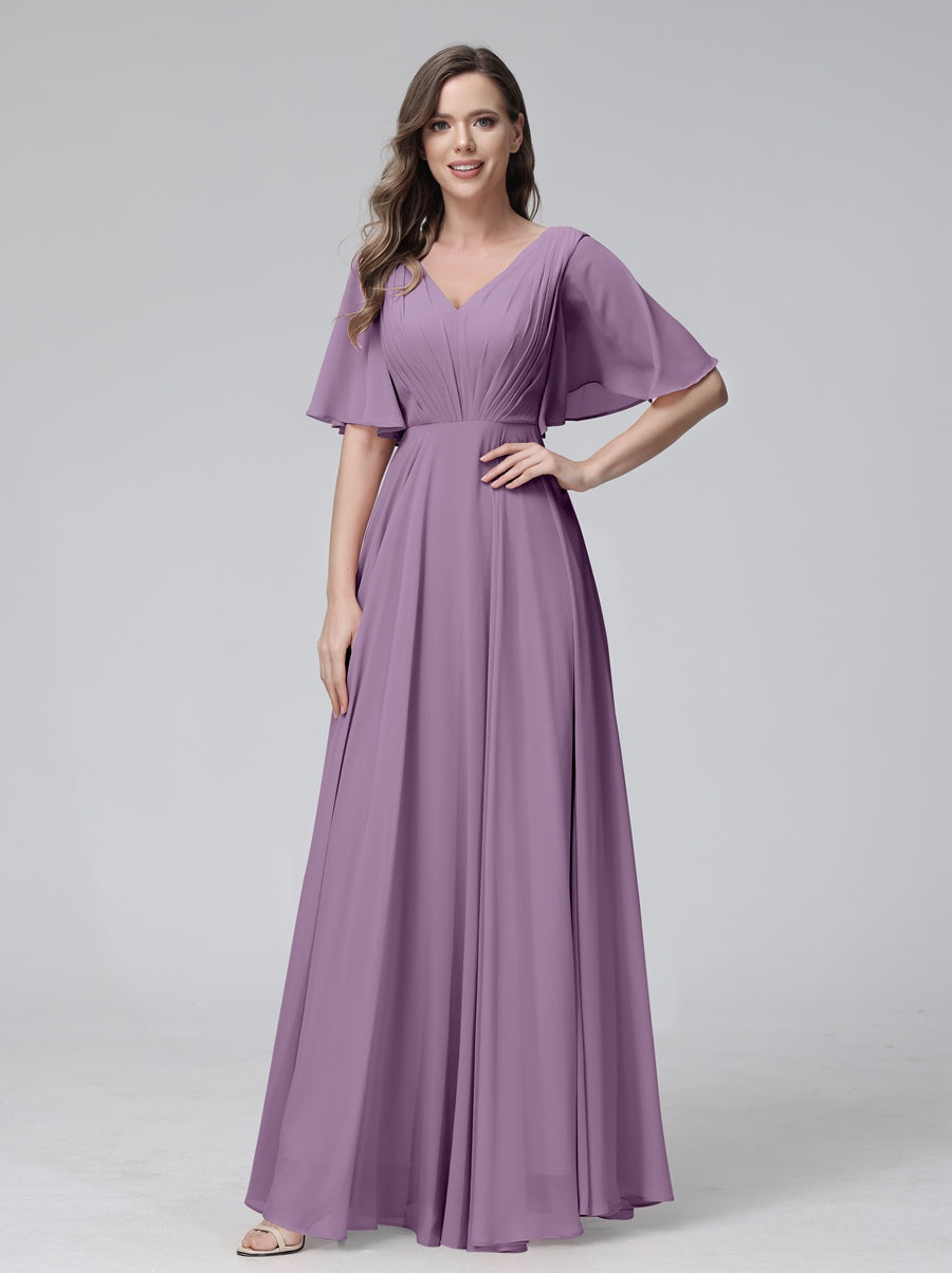 Princess A-Line Floor-Length V-Neck Bridesmaid Dresses With Half Sleeves, Ruffles & Pockets