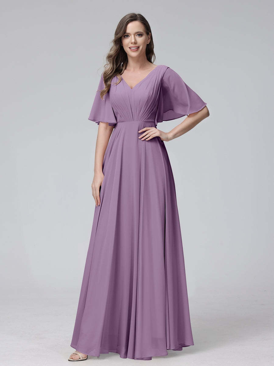 Princess A-Line Floor-Length V-Neck Bridesmaid Dresses With Half Sleeves, Ruffles & Pockets