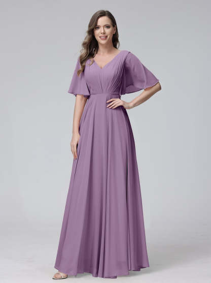 Princess A-Line Floor-Length V-Neck Bridesmaid Dresses With Half Sleeves, Ruffles & Pockets