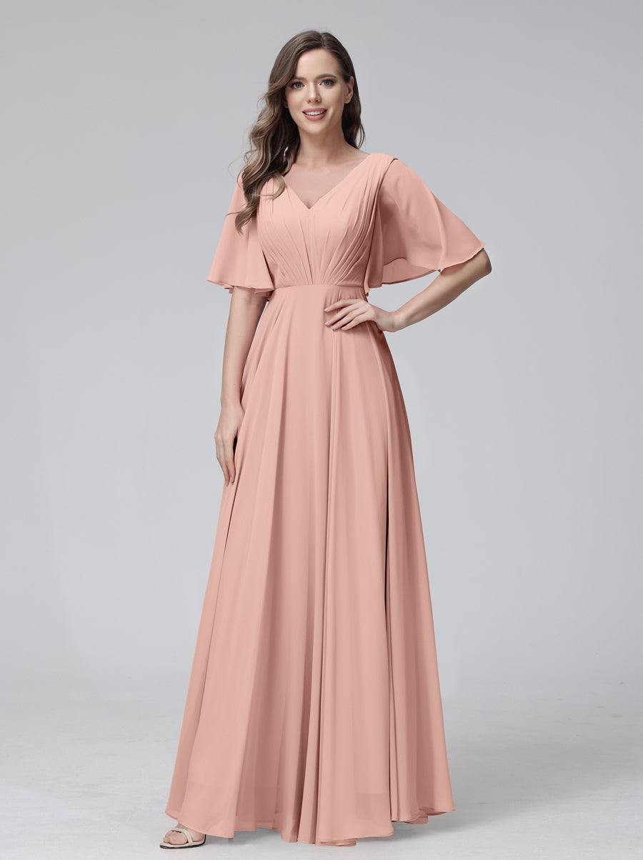 Princess A-Line Floor-Length V-Neck Bridesmaid Dresses With Half Sleeves, Ruffles & Pockets
