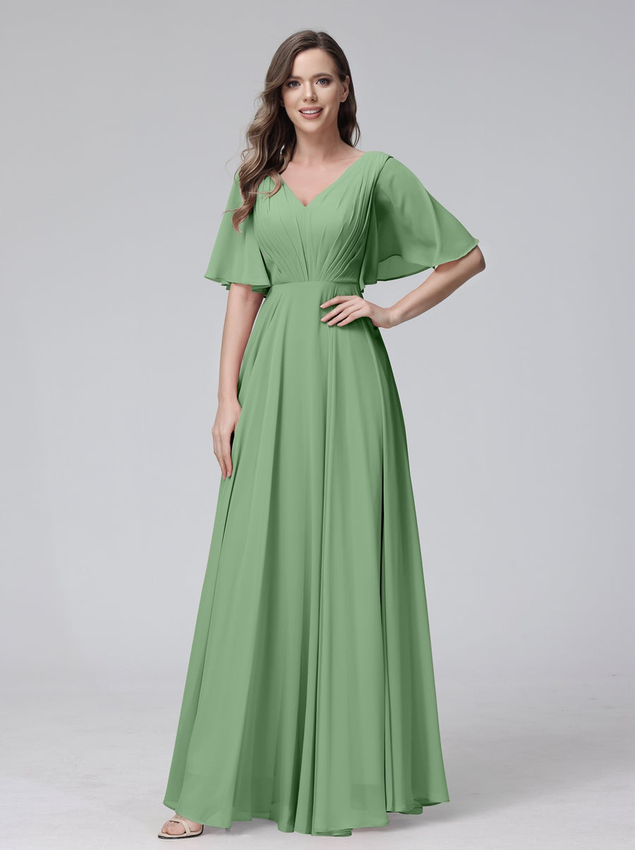 Princess A-Line Floor-Length V-Neck Bridesmaid Dresses With Half Sleeves, Ruffles & Pockets