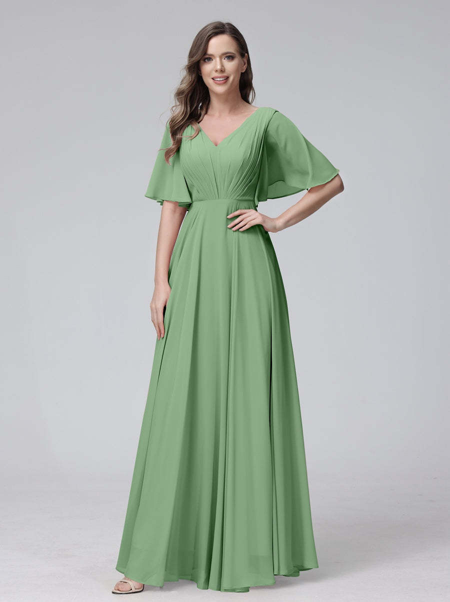 Princess A-Line Floor-Length V-Neck Bridesmaid Dresses With Half Sleeves, Ruffles & Pockets